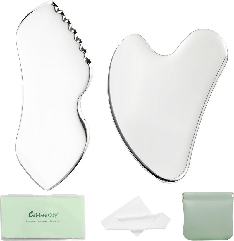 LeMeeOly 2Pcs Gua Sha Facial Tools Stainless Steel, Detailer GuaSha Set for Face Neck, Natural Skin Care Metal Gua Sha Lymphatic Drainage Face Massage Tool, Gift for Women - Image 1